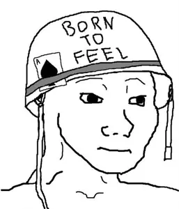 wojak, black eyes, born to feel, closed mouth, no beard, open eyes, skinny, soldier, spade, three-quarter view
