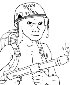 wojak, black eyes, born to feel, closed mouth, flamethrower, no beard, open eyes, skinny, soldier, spade