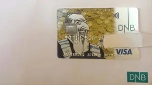 happy merchant, balding, beard, big nose, black hair, card, closed eyes, clothes, coin, coins