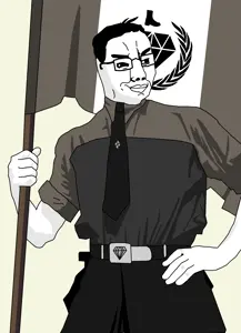 chudjak, militant chud holding flag, 1soyjak, belt, belt buckle, black eyes, black hair, buff, closed mouth, clothes