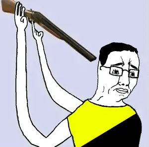 chudjak, 1soyjak, anarcho-capitalism, arm, black eyes, black hair, closed mouth, crying, firearm, glasses