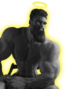gigachad, angel, aura, beard, black hair, buff, chair, closed mouth, effects, ernest khalimov