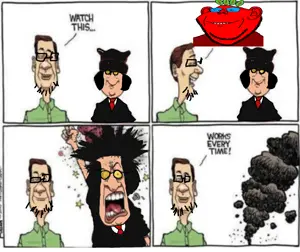 impish soyak ears, unknown, angry, beetroot, black eyes, black hair, blue glasses, brown hair, closed mouth, clothes