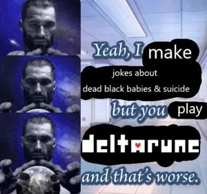gigachad, 3nas, beard, black and white, black eyes, black hair, buff, but you were mean, closed mouth, deltatroon
