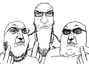 gapejak, markiplier soyjak, tony soprano soyjak, longplier, soyjak trio, 3soyjaks, angry, bald, closed mouth, fat