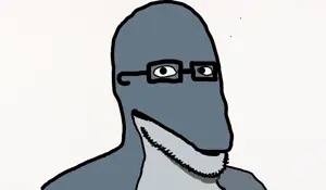 unknown, animaljaks, 1soyjak, bald, black eyes, blue skin, closed mouth, dolphin, dolphin man, glasses