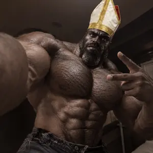 gigachad, 1nas, bishop, brown skin, buff, christianity, clothes, half body, hand, hat