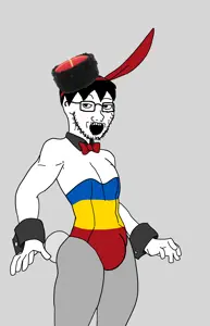soyak, pinejak, 1soyjak, almost full body, black eyes, black hair, bunnysuit, cleavage, clothes, cossack