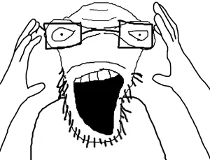 pastajak, ppp, unknown, 1soyjak, bald, big mouth, front view, glasses, hands, hands up