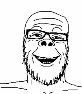 a24 slowburn soyjak, 1soyjak, bald, black eyes, front view, glasses, looking at you, portrait, smile, stubble