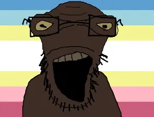 pastajak, 1soyjak, bald, black eyes, black skin, flag background, front view, glasses, jaundice, looking at you