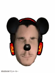 mickey mouse, big nose, black hair, closed eyes, communism, front view, hair, hammer and sickle, headphone, headphones