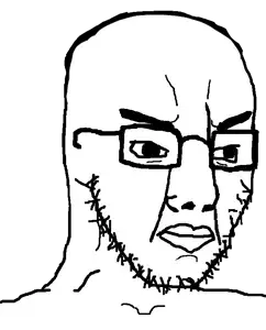 chudjak, soyak, chuddified soyjaks, fusionjaks, 1soyjak, bald, closed mouth, glasses, looking to the right, neutral