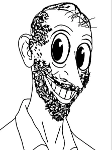 happy merchant, slapstick, 1soyjak, beard, black eyes, black hair, clothes, front view, fusion, grimace