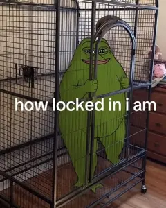 groyper, pepe, bald, cage, closed mouth, green skin, irl background, no beard, no glasses, open eyes