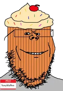 gapejak, impish soyak ears, danish twist, 1soyjak, bald, black eyes, candy, cherry, closed mouth, cupcake