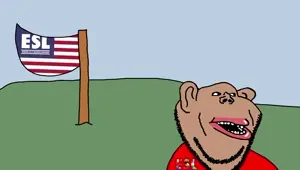 impish soyak ears, impish amerimutt, amerimutt, 1soyjak, animated, bald, big lips, black eyes, blue background, brown skin