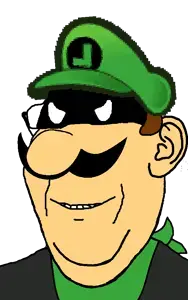 cheesecake, luigi, mr l (super paper mario), gapejak, wholesome soyjak, 1soyjak, angry, bandana, brown hair, closed mouth