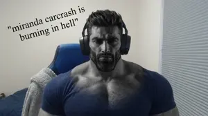 gigachad, beard, blue shirt, buff, car crash, failtroll, foodistzen, gray skin, hair, headphones