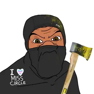 miss circle, feraljak, feralnigger, 1soyjak, angry, axe, balaclava, big nose, black shirt, brown eyes
