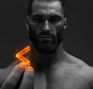gigachad, arrow, beard, black hair, buff, closed mouth, front view, gray background, gray skin, grayscale