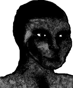 wojak, closed mouth, creepy, gray skin, hyper realistic, hyperrealistic eyes, ominous, ominous shadow, open eyes, portrait