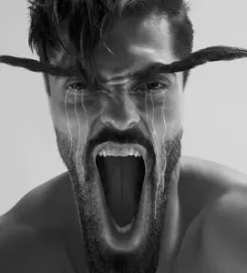 gigachad, gigayell, selfish little fuck, 1nas, beard, black eyes, crying, eyebrows, front view, gray background