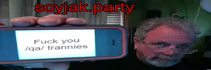 /qa/ (4chan), banner, beard, black shirt, closed mouth, glasses, gray hair, holding object, holding phone, human