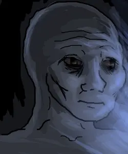 wojak, 1nas, bald, closed mouth, dark, depressed, eye bags, forehead lines, looking to the right, no beard