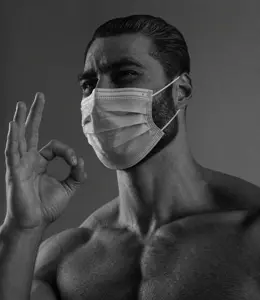 gigachad, black eyes, black hair, buff, face mask, fairs, gray background, gray skin, hair, hand