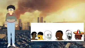 crying wojak, happy merchant, wojak, pajeetjak, apocalyptic, arguing, beard, black hair, black skin, blue jeans