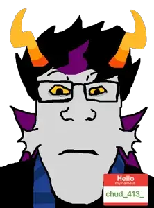 markiplier soyjak, neutralplier, closed mouth, eridan ampora, front view, glasses, gray skin, hair, hello my name is sticker, horns