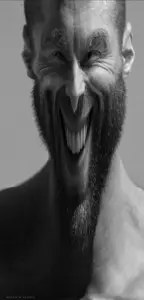 gigachad, beard, black hair, buff, distorted, ernest khalimov, front view, gray background, gray skin, grayscale
