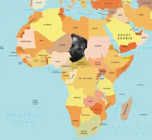 gigachad, gigachaded, africa, beard, black hair, chad, chad (country), closed mouth, distorted, ear