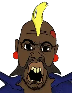birdie (street fighter), halojak, 1soyjak, anime, beard, black eyes, black skin, blonde hair, british, denim jacket