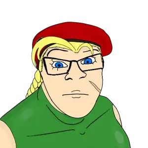 cammy white (street fighter), feraljak, female feraljak, femjak, 1soyjak, anime, beret, blonde hair, blue eyes, braids