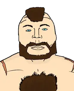 zangief (street fighter), alicia, terrence, 1soyjak, anime, beard, blue eyes, body hair, brown hair, bushy eyebrows