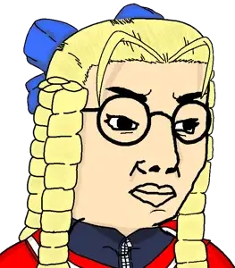 karin kanzuki (street fighter), chudjak, female chudjak, 1soyjak, anime, black eyes, blonde hair, bow, braids, closed mouth