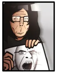 hairyfuckfart, cobson, markiplier soyjak, female euromutt, female markiplier, euromutt, 1soyjak, black eyes, black hair, black shirt