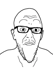 burnjak, 1soyjak, bald, black eyes, closed mouth, ear, fairs, front view, glasses, looking back