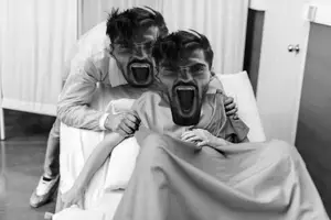 gigachad, gigayell, birth, dumb, female, grey scale, pregnant, screaming