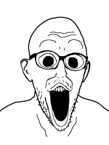 burnjak, 1soyjak, bald, big eyes, black eyes, distorted, ear, front view, gaping mouth, glasses