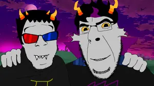 cobson, feraljak, wholesome feraljak, no more brother wars, 2soyjaks, alternia, black eyes, black hair, black shirt, drawn background