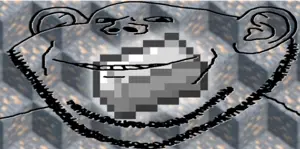 impish soyak ears, 1soyjak, bald, black eyes, block, gray background, gray skin, half open mouth, iron, looking at you