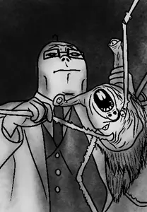 phillip, tony soprano soyjak, 2soyjaks, alien, art, bald, black eyes, charact:norris (the thing), clothes, drawing