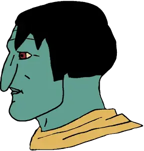 squidward tentacles, yes chad, black hair, blue skin, brown shirt, hair, long nose, nose, open eyes, red pupils