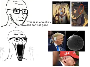donald trump, soyak, soyak (concerned), thing japanese, 1soyjak, anime, bandage, beard, black eyes, blonde hair