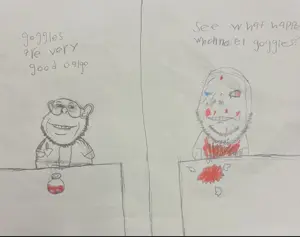 gapejak, impish soyak ears, 2soyjaks, bald, black eyes, blood, bloodshot eye, chemistry, closed eye, clothes