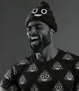gigachad, beard, black eyes, black hair, buff, clothes, confused, dance, emoji, eyebrows