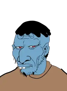 nick douglas, unknown, 1soyjak, a wyatt mann, beard, black hair, blue skin, brown shirt, closed mouth, ear